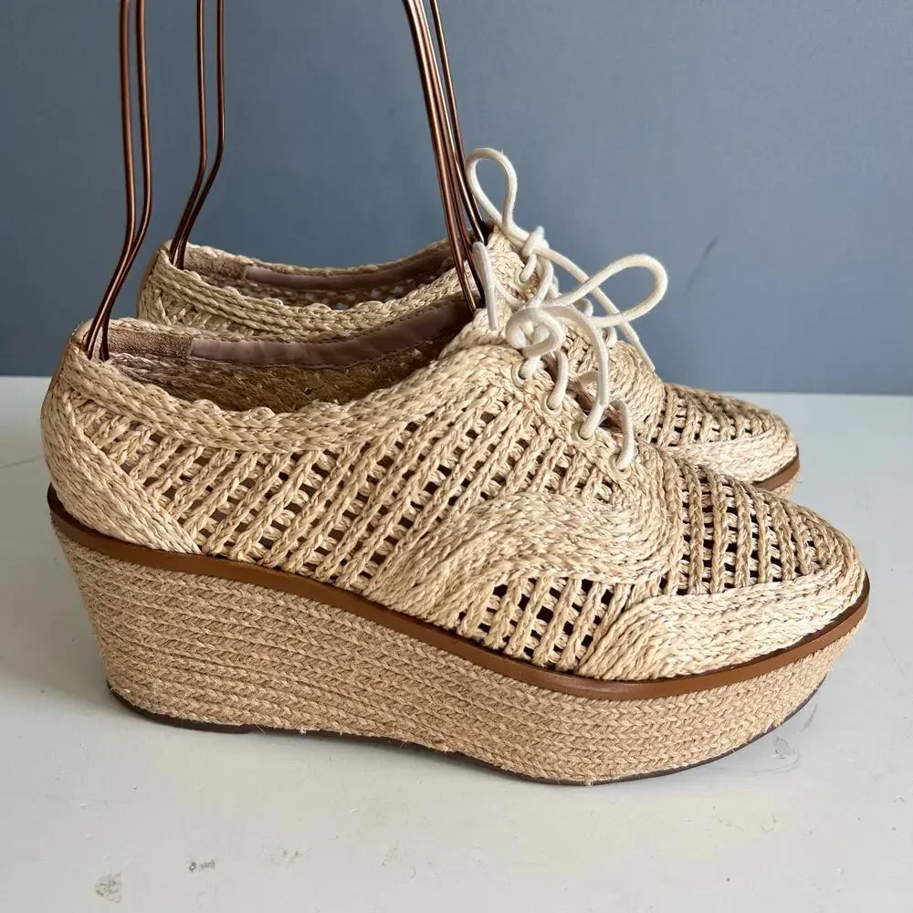 Schutz Platform Loafer wedge Size 8.5 tan Bordado rattan preppy Coastal - Picture 5 of 11